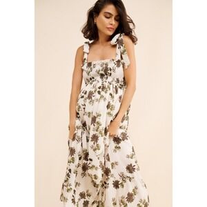 ESPECIA Maternity Poucette Maxi Dress Ivory Combo Tie Straps Green  S NWT